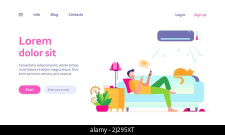 Giovane uomo che si rilassa sul divano sotto aria condizionata flat vettore illustrazione. Fumetto in camera fredda che chiacchiera via smartphone. Tecnologia digitale e Illustrazione Vettoriale