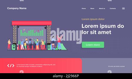 Felice gente che si diverte a rock concerto flat vettore illustrazione. Open festival all'aria aperta. Musicisti che suonano musica al parco. Stile di vita, musica e it Illustrazione Vettoriale