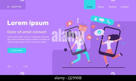 Clienti che condividono riferimenti e guadagnano denaro. Utenti di telefoni cellulari che chattano, scambiano regali. Illustrazione vettoriale per indicare un amico, referenti, loy Illustrazione Vettoriale