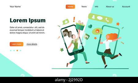 Clienti che condividono riferimenti e guadagnano denaro. Utenti di telefoni cellulari che chattano, scambiano regali. Illustrazione vettoriale per indicare un amico, referenti, loy Illustrazione Vettoriale