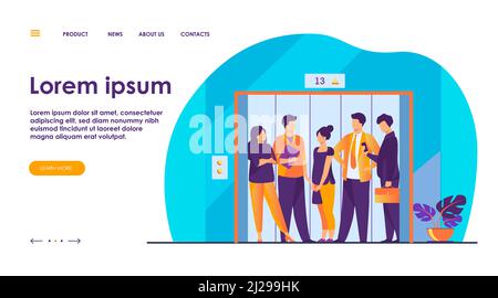Dipendenti che utilizzano un ascensore per uffici. Uomini d'affari in cabina ascensore con porte aperte. Illustrazione vettoriale per l'architettura, business i Illustrazione Vettoriale