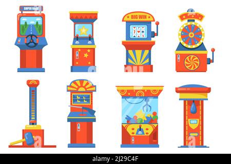 Dispositivi di parcheggio per attrazioni con set di illustrazioni con slot piatta. Macchine da gioco cartoni animati con cesto, sacco da punzonatura, ruote e giocattoli morbidi vettore isolato illustratore Illustrazione Vettoriale