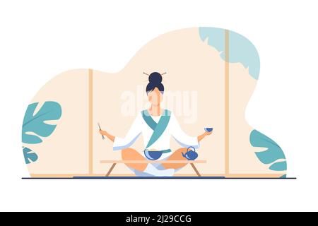 Donna cinese seduta al piccolo tavolo e mangiando. Illustrazione vettoriale piatta del tè, del riso, del chopstick. Tradizione e concetto di nazione per banner, sito web desig Illustrazione Vettoriale
