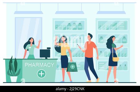 Clienti e farmacista in farmacia. Persone che acquistano farmaci in farmacia. Illustrazione vettoriale piatta per servizi, trattamenti, prodotti farmaceutici Illustrazione Vettoriale