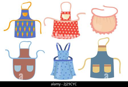 Carino grembiuli da cucina con motivi set di articoli piatti. Abito da cucina cartone animato per casalinga o chef di ristorante isolato vettore illustrazione collezione. PR Illustrazione Vettoriale