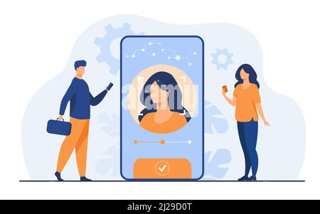 Riconoscimento facciale e sicurezza dei dati. Gli utenti di telefoni cellulari possono accedere ai dati dopo il controllo biometrico. Per la verifica, l'accesso all'ID personale, l'identificativo Illustrazione Vettoriale