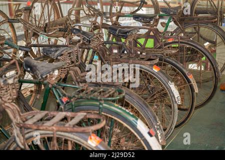 Mucchio di vecchie biciclette abbandonate retrò Foto Stock