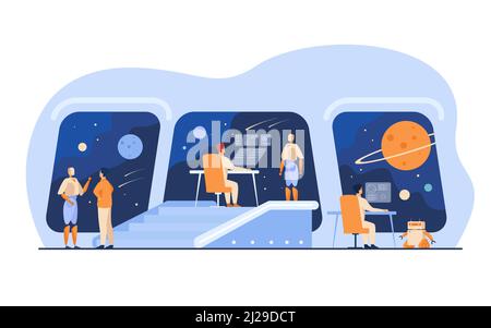 Abitacolo futuristico con equipaggio umano e robotico. Persone e robot che monitorano la galassia. Per ponte interstellare di astronave, fantascienza Illustrazione Vettoriale