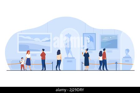 I visitatori del museo camminano nella galleria d'arte. Turisti che amano l'esposizione, ammirando le opere d'arte in mostra. Illustrazione vettoriale per escursioni, persone e c Illustrazione Vettoriale