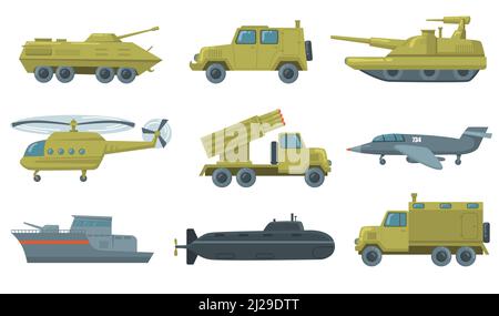 Set per il trasporto militare. Airforce jet, sottomarino, elicottero, camion, serbatoio corazzato isolato su sfondo bianco. Illustrazioni vettoriali per veicoli militari, Illustrazione Vettoriale