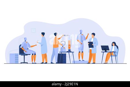 Gli scienziati che fanno robot in un'illustrazione vettoriale piatta isolata in laboratorio. Cartoon persone che creano hardware e macchine per computer. Scienza e tecnologia deve Illustrazione Vettoriale