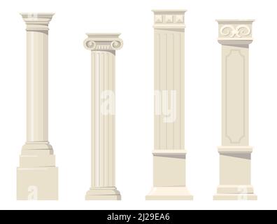 Set di colonne architettoniche classiche d'epoca intagliate per il web design. Cartoon colonne romane, rinascimentali o barocche per interno isolato vettore colle Illustrazione Vettoriale