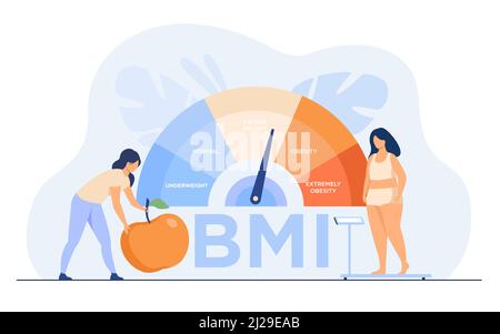 Piccole donne vicino obese scala grafico isolato piatta illustrazione vettoriale. Cartoon personaggi femminili sulla dieta utilizzando il controllo del peso con BMI. Indice di massa corporea Illustrazione Vettoriale