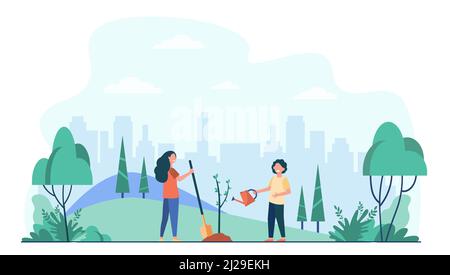 Bambini che piantano l'albero nel parco cittadino. Bambini con attrezzi da giardinaggio che lavorano con piante verdi all'aperto. Illustrazione vettoriale per la protezione dell'ambiente, gar Illustrazione Vettoriale