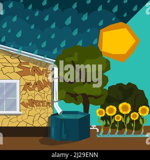 Sistema di raccolta del tetto di acqua piovana, raccogliendo la pioggia scentrata in barile. Raccolta runoff e stoccaggio di pioggia per il riutilizzo in casa, giardino in dr Illustrazione Vettoriale