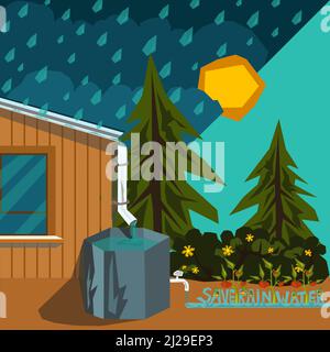Sistema di raccolta del tetto di acqua piovana, raccogliendo la pioggia scentrata in barile. Raccolta runoff e stoccaggio di pioggia per il riutilizzo in casa, giardino in dr Illustrazione Vettoriale