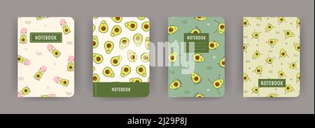 Collezione di notebook con copertina. Template con cute avocado yoga. Perfetto per diario, libri, riviste, riviste, cataloghi, pianificatori e volantini. Vettore Illustrazione Vettoriale
