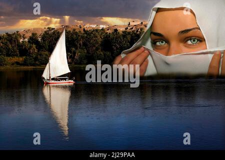 Barca a vela sul Nilo e una giovane donna musulmana con un niqab bianco, Egitto Foto Stock