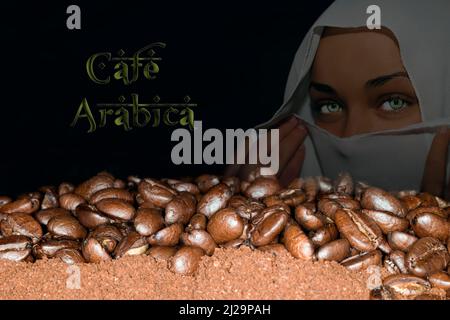 Chicchi di caffè della varietà arabica giacenti sul caffè macinato, sullo sfondo una giovane donna araba con velo, iscrizione Cafe arabica Foto Stock