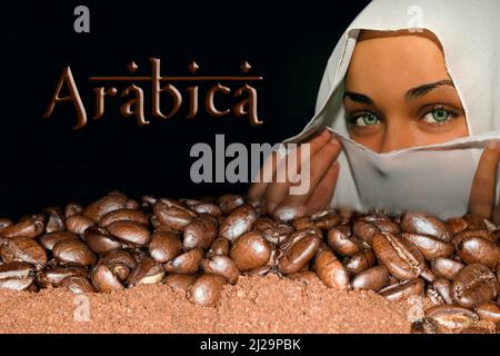 Chicchi di caffè della varietà arabica che giacciono sul caffè macinato, sullo sfondo una giovane donna araba con velo, iscrizione arabica Foto Stock