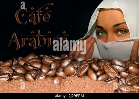 Chicchi di caffè della varietà arabica giacenti sul caffè macinato, sullo sfondo una giovane donna araba con velo, iscrizione Cafe arabica Foto Stock