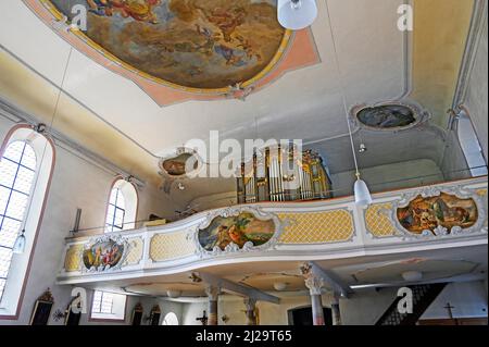 Loft organo, Chiesa parrocchiale cattolica di Sant'Afra, Betzigau, Allgaeu, Baviera, Germania Foto Stock