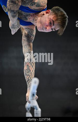 Campione del mondo Nicola BARTOLINI (ITA) con tatuaggi, su barre parallele, ginnastica, DTB Cup, Porsche Arena, Stoccarda, Baden-Wuerttemberg, Germania Foto Stock