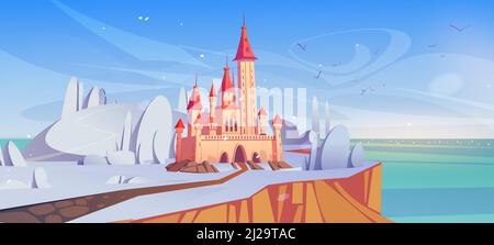 Castello magico in inverno sulla scogliera di mare con strada. Fiabesco palazzo in uno splendido paesaggio naturale con la neve e il mare che cadono. Fortezza fantasy, architettura medievale Cartoon illustrazione vettoriale Illustrazione Vettoriale