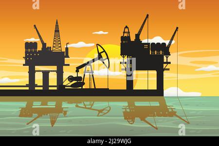 Concetto dell'industria petrolifera con illustrazione della piattaforma petrolifera offshore Illustrazione Vettoriale