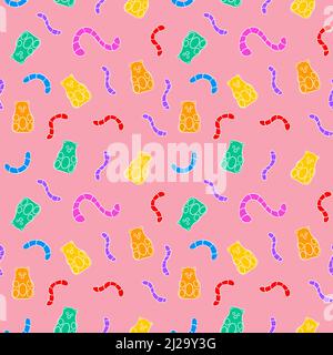 Modello senza cuciture con vermi e orsi di gelatina disegnati a mano. Illustrazione vettoriale. Illustrazione Vettoriale