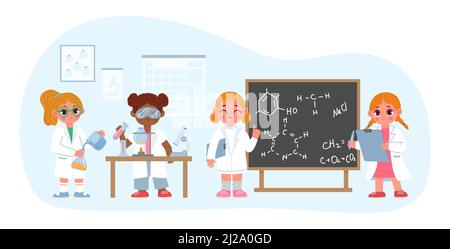 Scuola ragazzi in laboratorio di scienza, lezione per prescolare Illustrazione Vettoriale