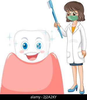 Buon dentista che tiene lo spazzolino con un dente grande su sfondo bianco illustrazione Illustrazione Vettoriale