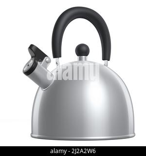 bollitore in acciaio inox con fischio isolato su sfondo bianco. 3d rendering di utensili da cucina e utensili da cucina come teiera Foto Stock