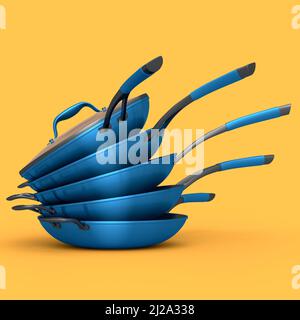 Impilare la padella con il coperchio di vetro su sfondo giallo. 3d resa degli utensili da cucina antiaderenti Foto Stock