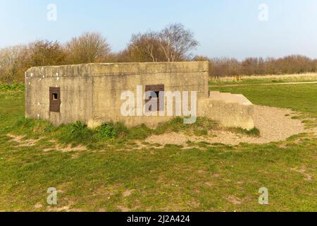 Pillbox parte di Cudmore Grove World War Two Trail, East Mersea, Mersea Island, Essex, Inghilterra, REGNO UNITO Foto Stock