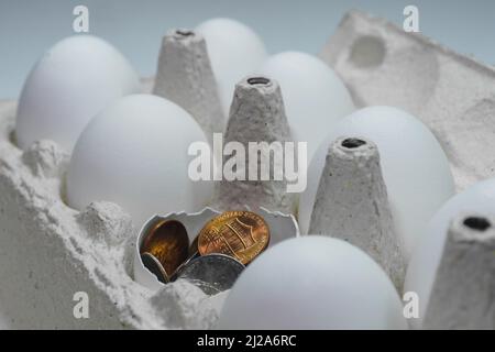 Le uova bianche di pollo sono in una scatola di cartone. Uno di loro è rotto ed è riempito di centesimi americani Foto Stock
