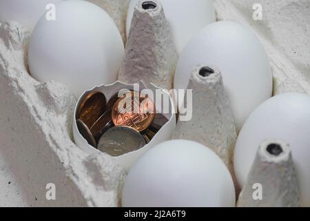 Le uova bianche di pollo sono in una scatola di cartone. Uno di loro è rotto ed è riempito di centesimi americani Foto Stock