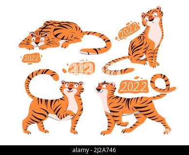 2022, biglietto di auguri di Capodanno cinese con divertente Tiger cuccioli impostare vettore illustrazione. Prosperità orientale fortunato simbolo in cartolina, poster decorazione Illustrazione Vettoriale
