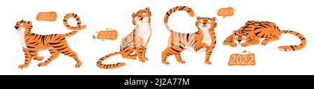 2022, biglietto d'auguri per il Capodanno cinese con divertenti cuccioli di tigre set, simbolo di fortuna prosperità Illustrazione Vettoriale