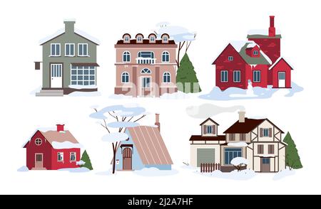 Cartoon case di famiglia in nevicate, edifici e cottage con alberi in giardino, finestre, tetti e porte sfondo. Villaggio case moderne in inverno Illustrazione Vettoriale