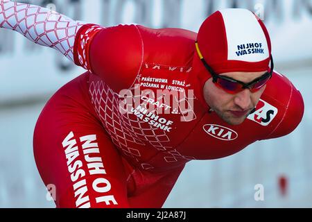 Zbigniew Bródka gareggia per la Polonia ai Campionati europei di pattinaggio di velocità Essent del 2012, pista di pattinaggio di City Park, Budapest, Ungheria Foto Stock