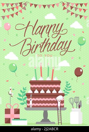 Buon compleanno (motivo torta di compleanno) immagine verticale modello cartolina Illustrazione Vettoriale