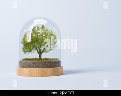 3d raffigurazione resa di albero che cresce sotto la cupola su sfondo blu per concetto di protezione dell'ambiente e di conservazione della natura. Foto Stock