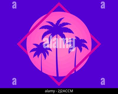 Estate 80s retro fantascienza palme al tramonto. Sole scarlatto in una cornice quadrata. Stile a onda sincrona e a onda retrospettiva. Design per banner, poster e promozioni Illustrazione Vettoriale