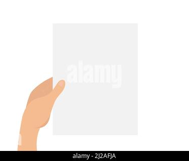 Mano che tiene un foglio bianco di carta, mockup modello vuoto. Luogo per la vostra iscrizione. Illustrazione piatta vettoriale Illustrazione Vettoriale