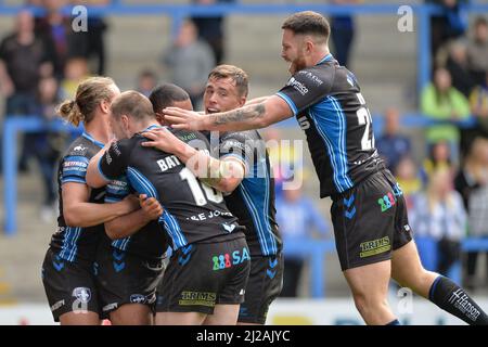 Warrington, Inghilterra - 27th marzo 2022 - Reece Lyne di Wakefield Trinity celebra TRY. Rugby League Betfred Challenge Cup Warrington Wolves vs Wakefield Trinity all'Halliwell Jones Stadium, Warrington, Regno Unito Dean Williams Foto Stock