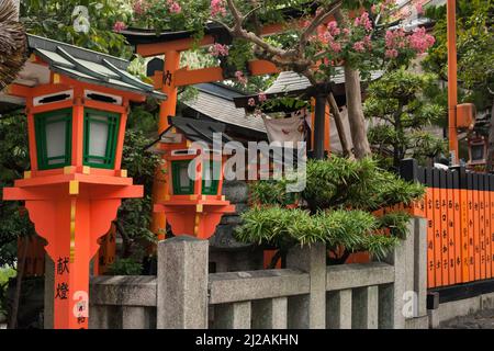 Vista orizzontale di alcune lanterne colorate e costruzioni giapponesi tradizionali in Shinbashi Dori, Gion, distretto Higashiyama meridionale, Kyoto, Giappone Foto Stock