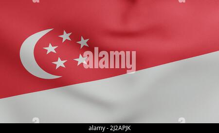 Bandiera nazionale di Singapore ondeggiante 3D Render, Repubblica di Singapore bandiera tessile, stemma Singapore Independence Day, Singapore Foto Stock