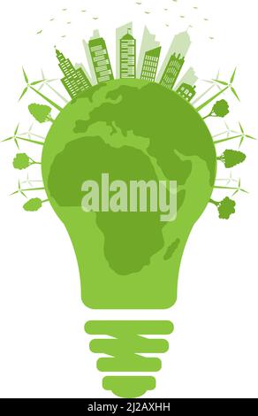 Pianeta terra sotto forma di lampadina. Città ecologica con energia rinnovabile sulla superficie della terra. Giorno della terra. Illustrazione vettoriale. Illustrazione Vettoriale