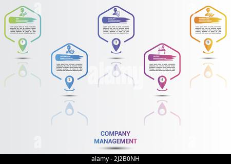 Infografica icone di gestione aziendale illustrazione vettoriale. modello di informazioni su 5 passaggi colorati con testo modificabile. Illustrazione Vettoriale